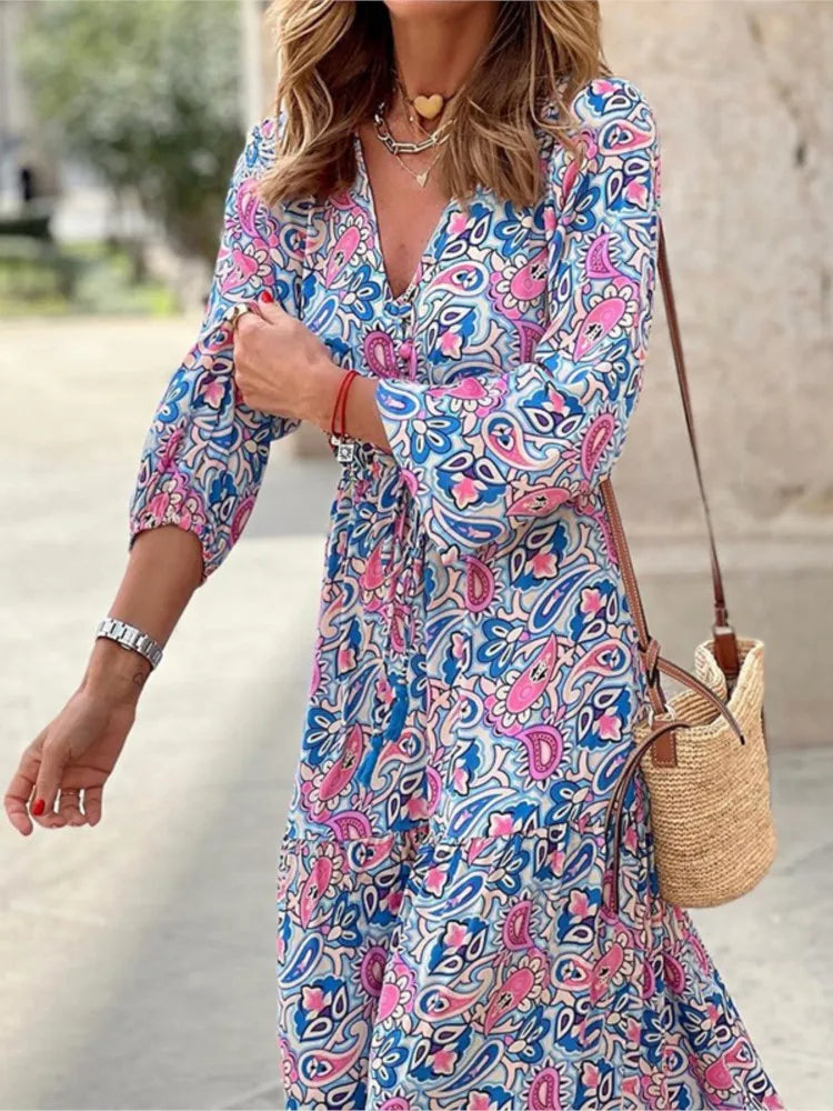Printed V-Neck Bohemian Maxi Dress | Wovetsa
