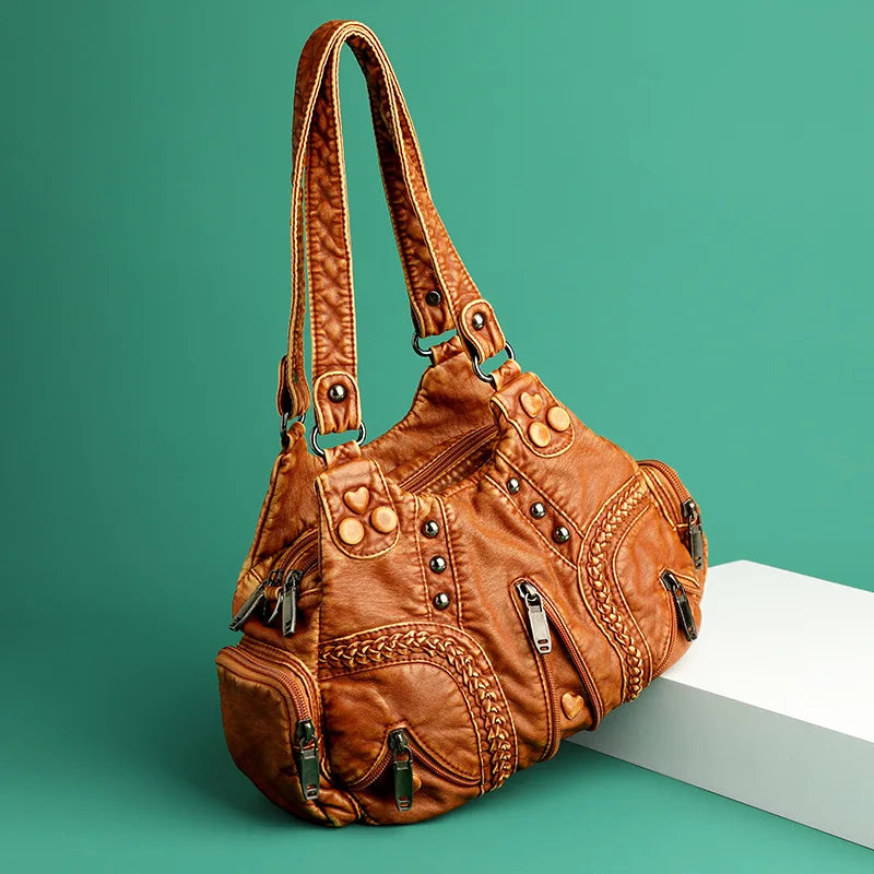 Y2K Rivet Punk Leather Tote Bag | Wovetsa