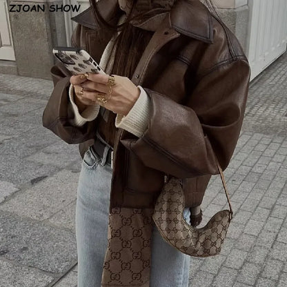 American Retro Women Vintage Gradient Brown PU Leather Jacket Full Sleeve Single-breasted Button Coat Loose Short Outerwear