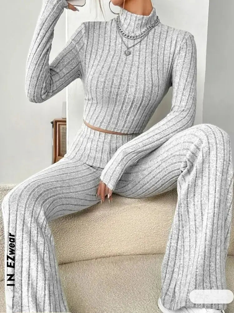 Stand Collar Crop Top & Trumpet Pants Set | Wovetsa