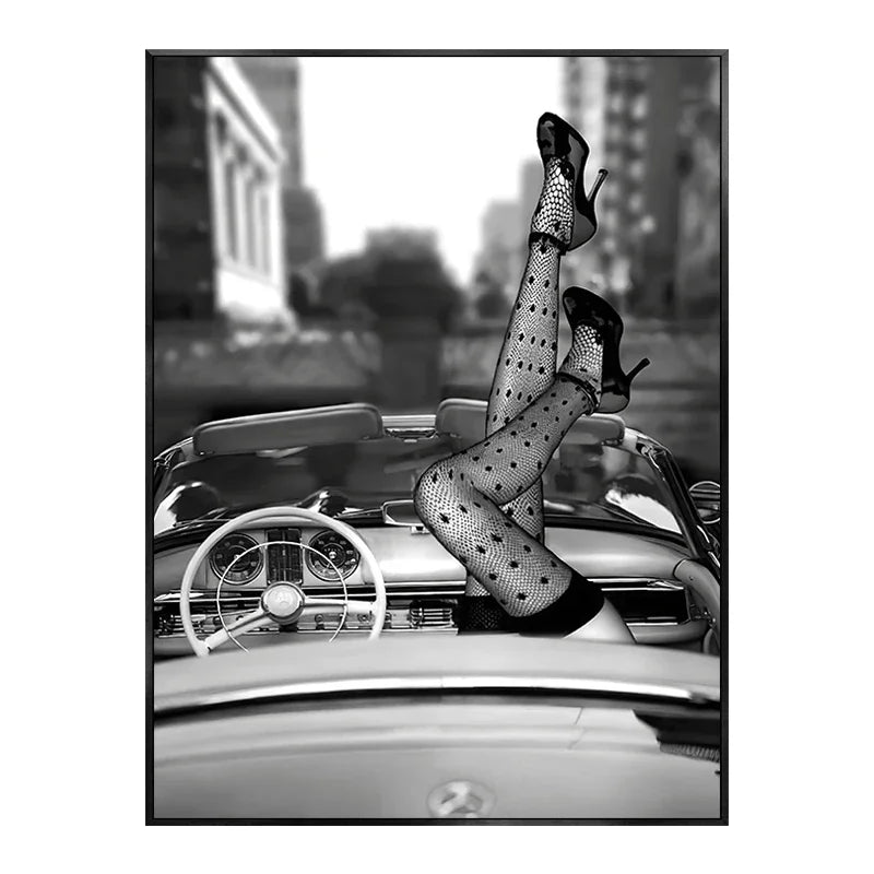 Black & White Luxury Car Paris Street Canvas Wall Art | Wovetsa
