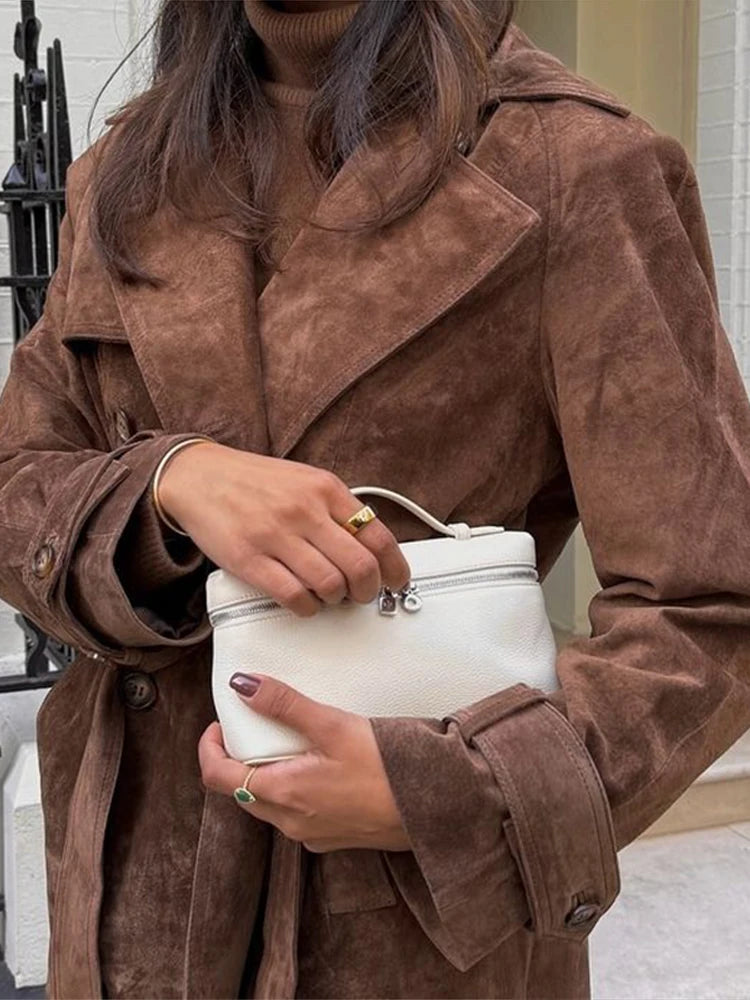Suede Belt Jackets Women Loose Lapel Double Breasted Long Sleeves Coats Female 2025 Autumn Winter Chic Vintage Street Outwears