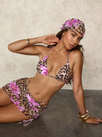 Sexy Pink Floral Leopard Print Bikini 2026 Women Push Up Mesh Skirt Band 4 Piece Swimsuit Beach Bathing Suit Holiday Swimwear
