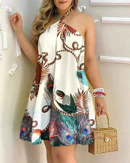 Women's Tropical Leaf Print Halter Neck Mini Dress | Wovetsa
