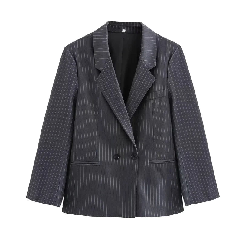 Pinstripe Shoulder-Padded Oversized Blazer | Wovetsa