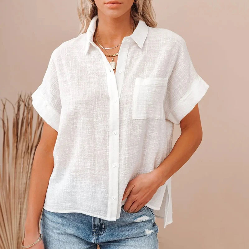 Women's Cotton Linen Short Sleeve Blouse | Wovetsa