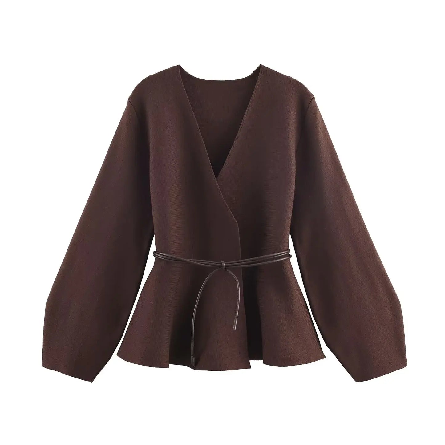 V-Neck Belted Knit Cardigan | Wovetsa