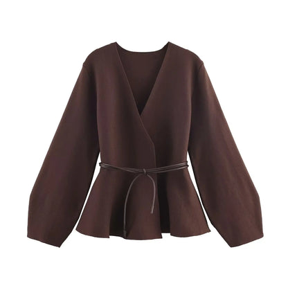 V-Neck Belted Knit Cardigan | Wovetsa