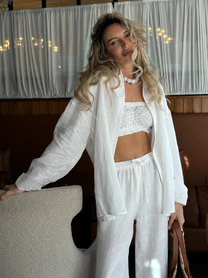 Cotton Linen Shirt & Wide-Leg Pant Set | Wovetsa