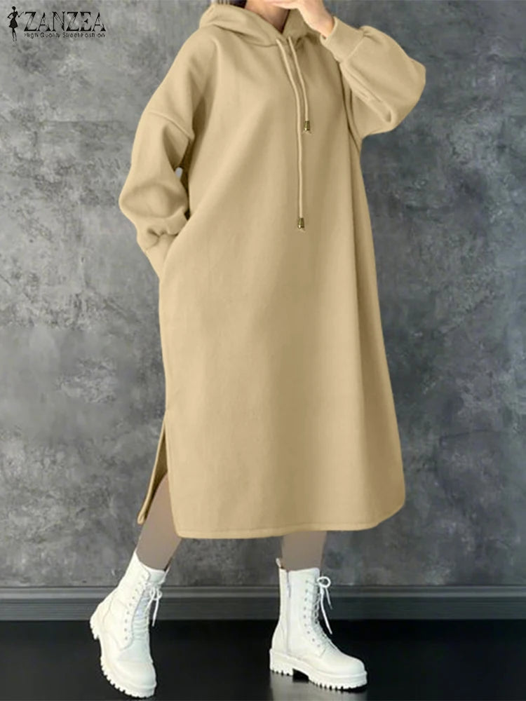 Plus Size 5XL ZANZEA Women Fashion Sweatshirt Dresses Autumn Long Sleeve Hooded Robe Solid Casual Loose Pockets Long Vestidos