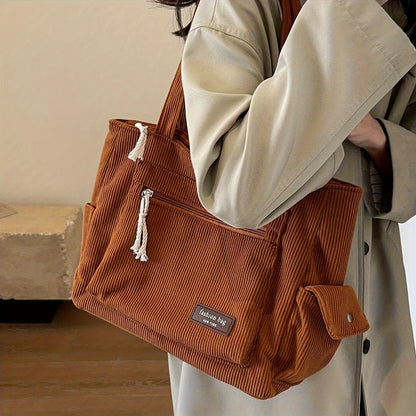 Solid Corduroy Tote Bag with Interior Pocket | Wovetsa