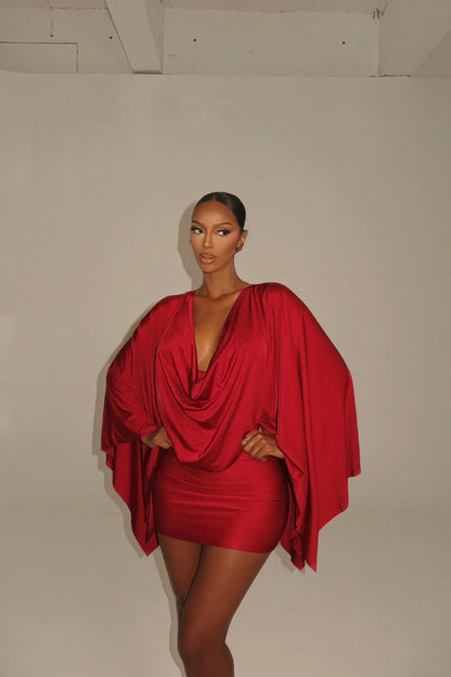 V-Neck Flare Sleeve Mini Dress | Wovetsa