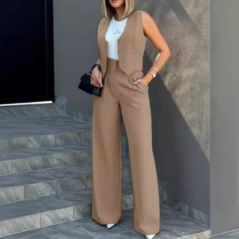 Sleeveless Vest & Wide Leg Pants Set | Wovetsa
