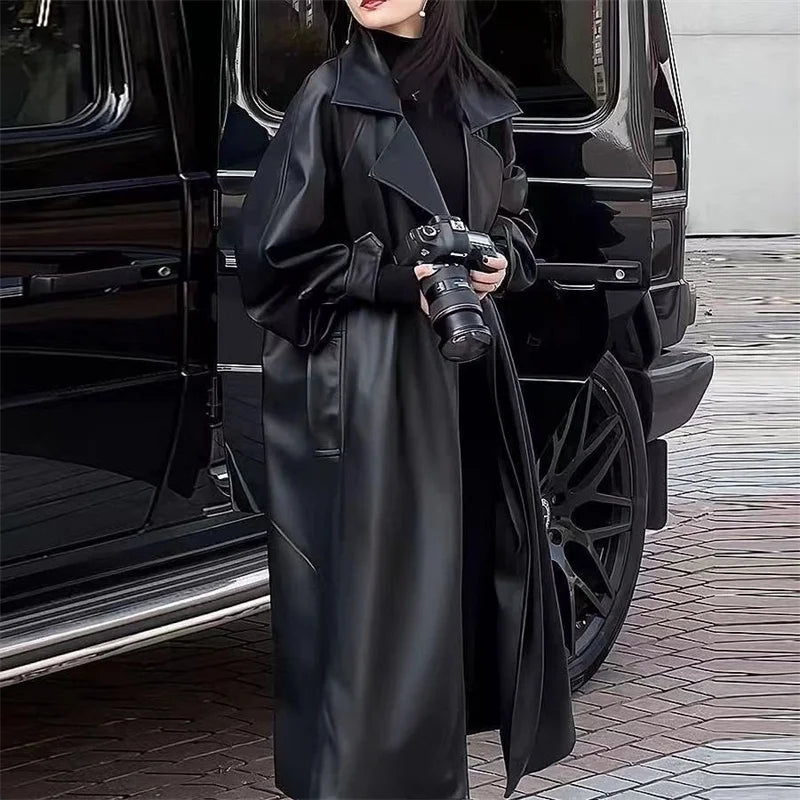 Design Blazers Leather Trench Coat For Women Spring Autumn Over The Knee Long PU Leather Jacket Female Black Leather Windbreaker