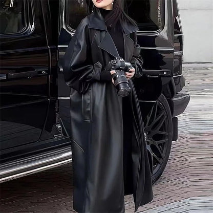 Design Blazers Leather Trench Coat For Women Spring Autumn Over The Knee Long PU Leather Jacket Female Black Leather Windbreaker