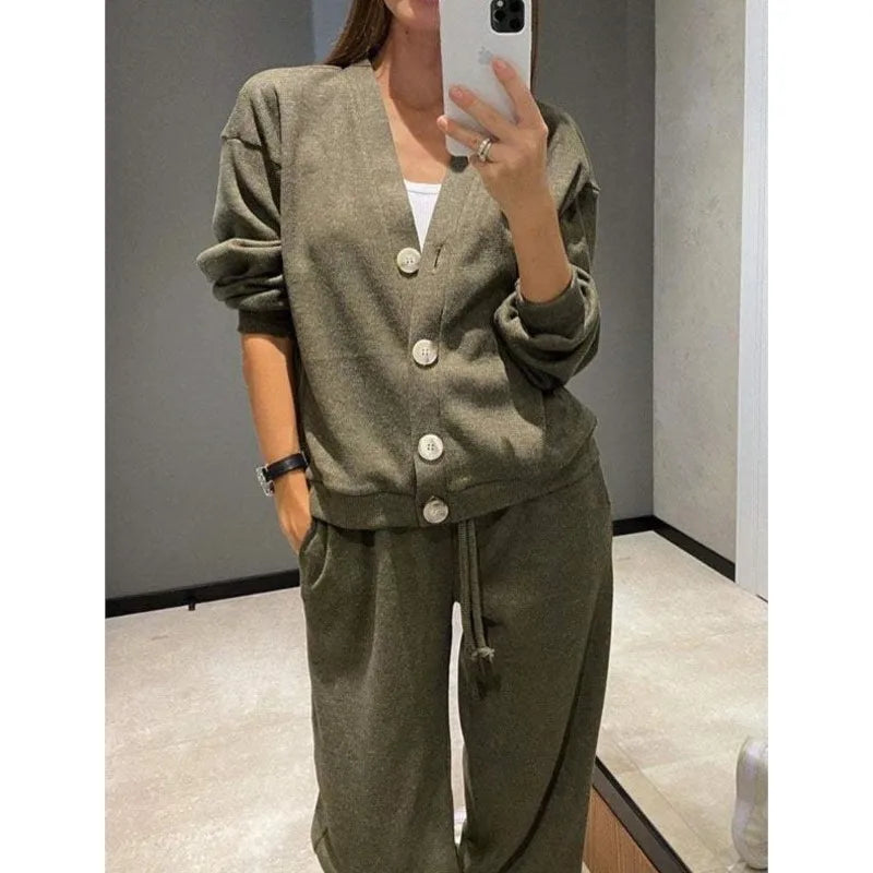 V-Neck Single-Breasted Cardigan & Pants Set | Wovetsa