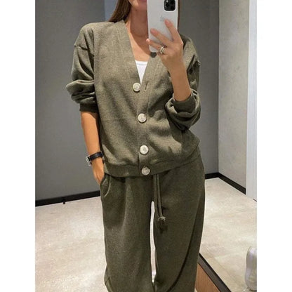 V-Neck Single-Breasted Cardigan & Pants Set | Wovetsa