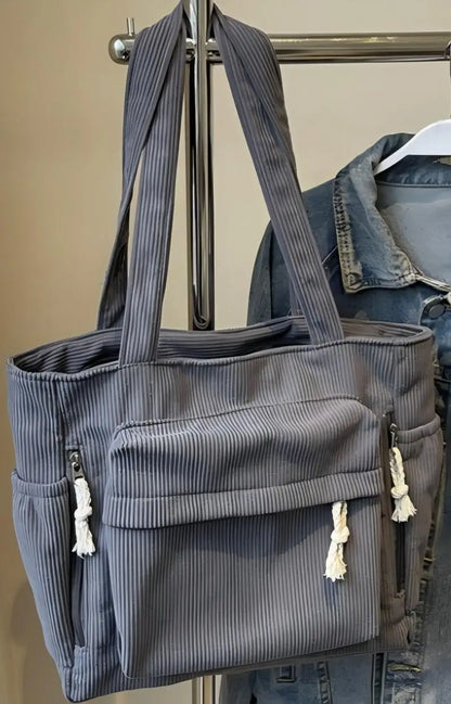 Corduroy Multi-Pocket Shoulder Tote Bag | Wovetsa