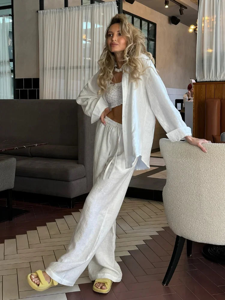 Cotton Linen Shirt & Wide-Leg Pant Set | Wovetsa
