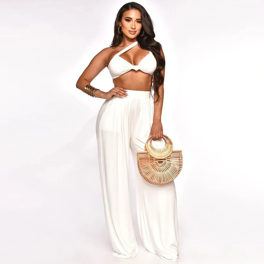 Women's One Shoulder Two Piece Set – Crop Top & Wide Leg Pants