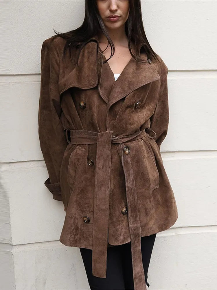 Suede Belt Jackets Women Loose Lapel Double Breasted Long Sleeves Coats Female 2025 Autumn Winter Chic Vintage Street Outwears