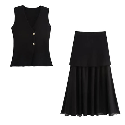 Women's Knit V-Neck Vest & Long Skirt Two Piece Set | Wovetsa