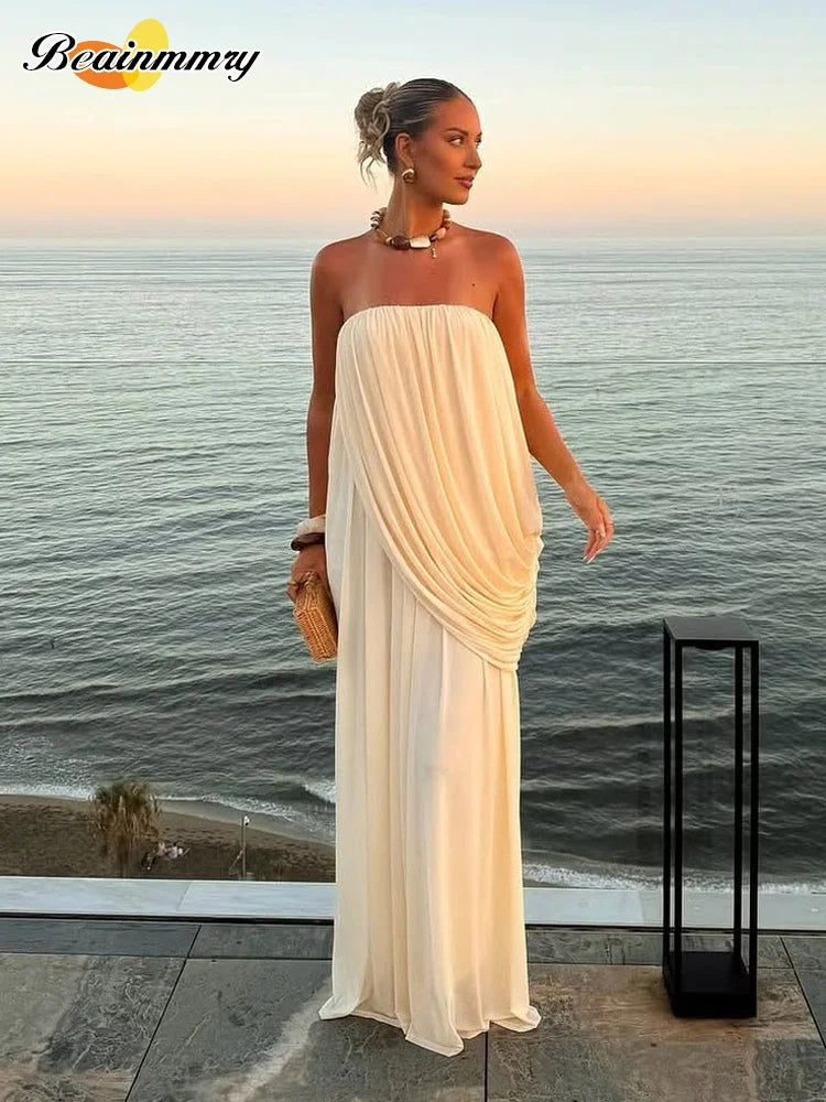 Strapless Pleated Backless Maxi Dress | Wovetsa