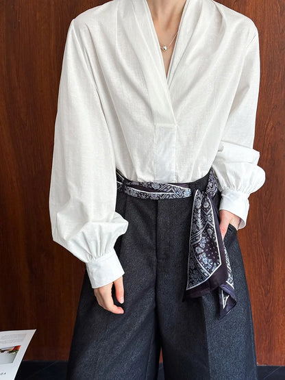 V-Neck Puff Sleeve Cotton Linen Blouse | Wovetsa