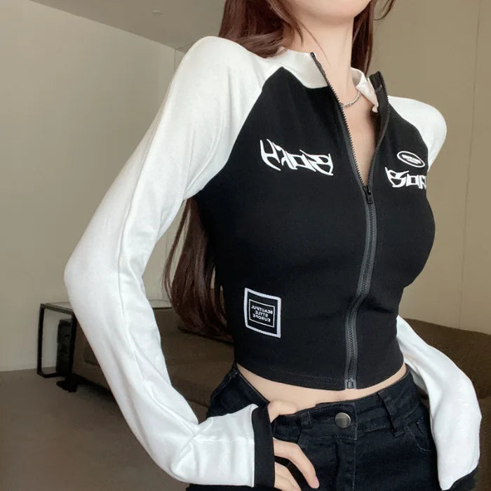 Y2K Biker Jacket & Color-Block Tee Set | Wovetsa