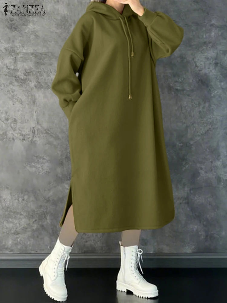 Plus Size 5XL ZANZEA Women Fashion Sweatshirt Dresses Autumn Long Sleeve Hooded Robe Solid Casual Loose Pockets Long Vestidos