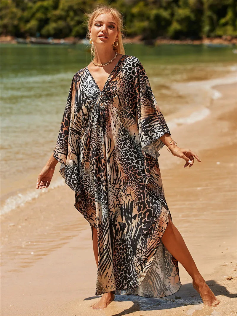 Animal Print Kaftan Beach Cover-Up Dress | Wovetsa