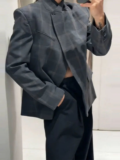 Plaid Stand Collar Blazer | Wovetsa
