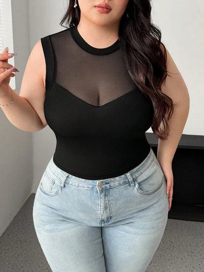 Plus Size Mesh Splicing Sleeveless Blouse | Wovetsa