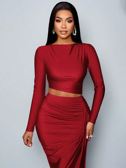 Long Sleeve Top & Pleated Skirt Set | Wovetsa