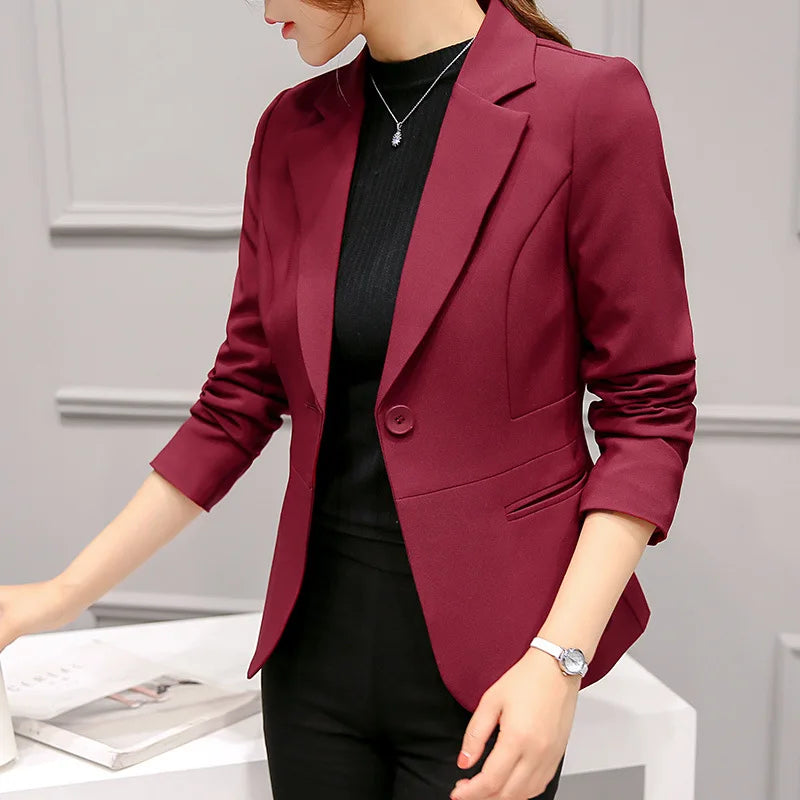 Women Slim One Button Blazers Autumn Spring Female Pocket Long Sleeve Solid Color Korean OL Workwear Business Blazer Coats
