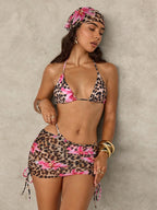 Sexy Pink Floral Leopard Print Bikini 2026 Women Push Up Mesh Skirt Band 4 Piece Swimsuit Beach Bathing Suit Holiday Swimwear