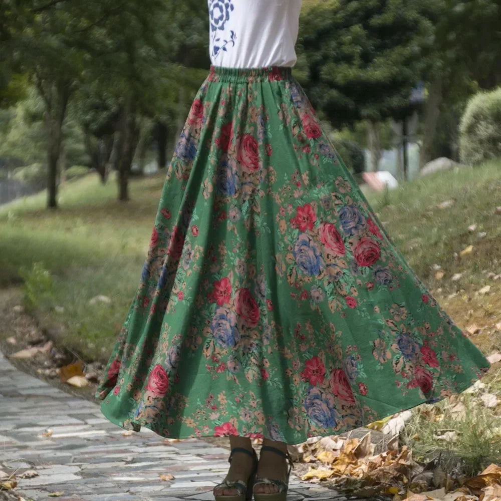 Bohemian Floral Print Cotton Linen Maxi Skirt | Wovetsa