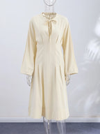 O-Neck Lace-Up Lantern Sleeve A-Line Midi Dress | Wovetsa
