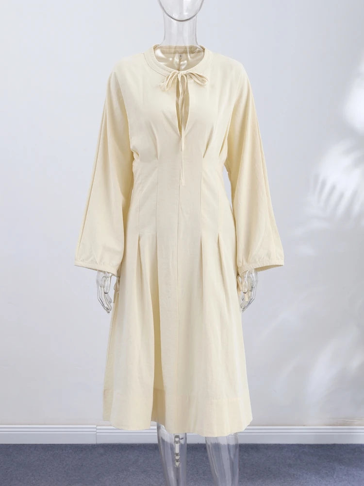 O-Neck Lace-Up Lantern Sleeve A-Line Midi Dress | Wovetsa