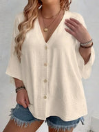 Plus Size V-Neck Button Detail Long Sleeve Blouse | Wovetsa