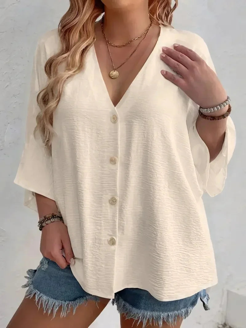 Plus Size V-Neck Button Detail Long Sleeve Blouse | Wovetsa