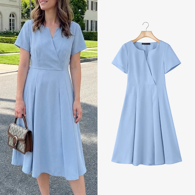 Women's Elegant V Neck A-Line Midi Dress | Short Sleeve Minimal Summer Dress