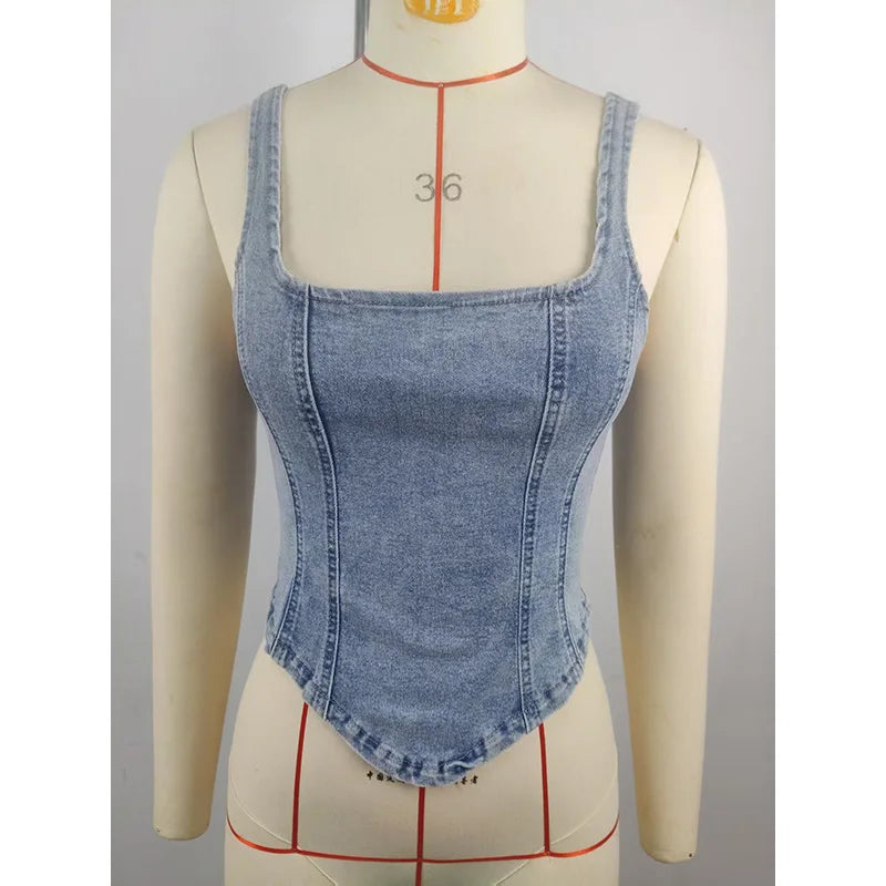 Square Neck Backless Denim Tank Top – Zipper Asymmetric Hem | Wovetsa