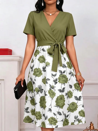 Women's Floral Print V-Neck Tie Waist Midi Dress | Wovetsa