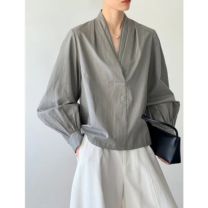 V-Neck Puff Sleeve Cotton Linen Blouse | Wovetsa