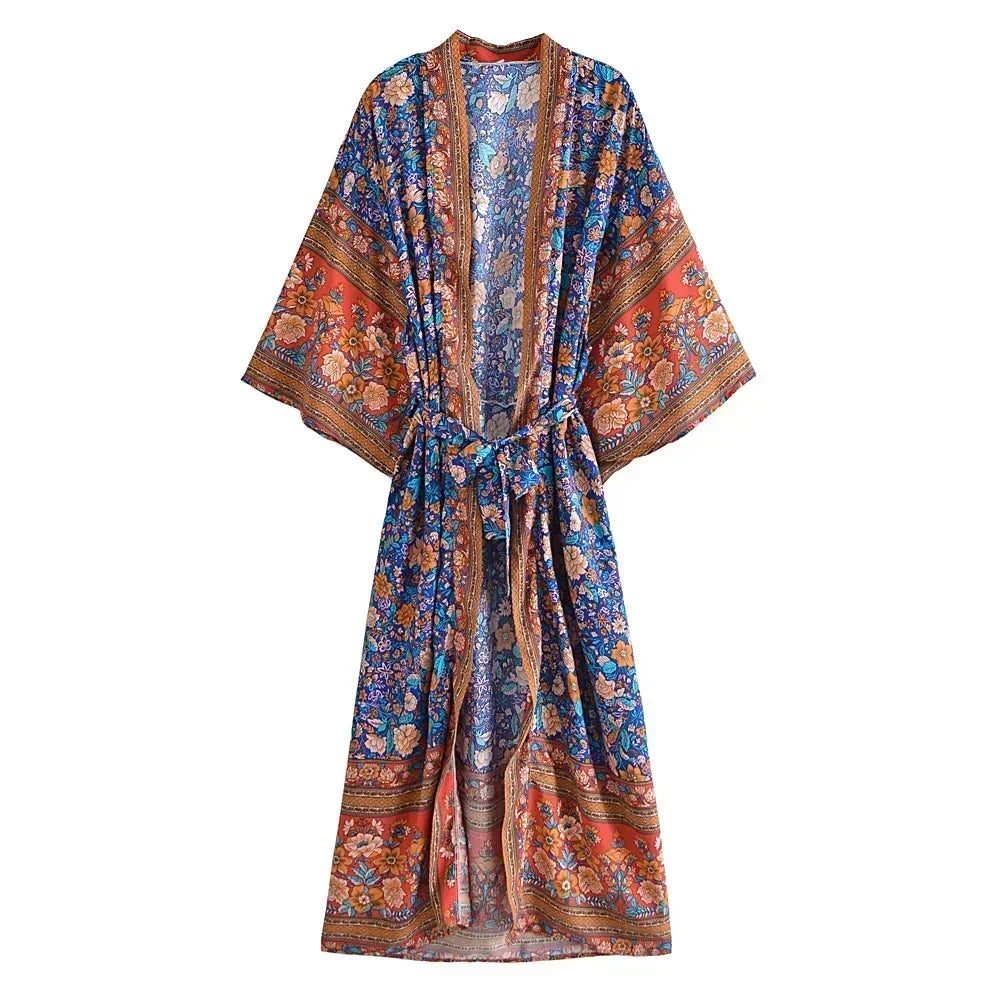 Floral Print Bohemian Kimono Maxi Cover-Up | Wovetsa