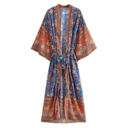 Floral Print Bohemian Kimono Maxi Cover-Up | Wovetsa