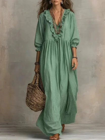 Striped Ruffle Lantern Sleeve Maxi Dress | Wovetsa