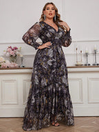 Plus Size Floral V-Neck Lantern Sleeve Maxi Dress | Wovetsa