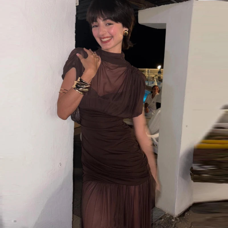 Mesh Ruched Midi Dress | Wovetsa